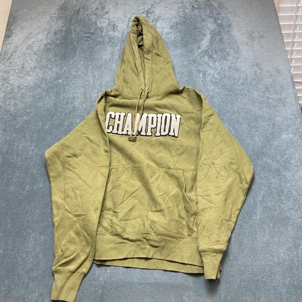 VTG Champion Reverse Weave Hoodie Mens Large Olive Green Logo Drawstring